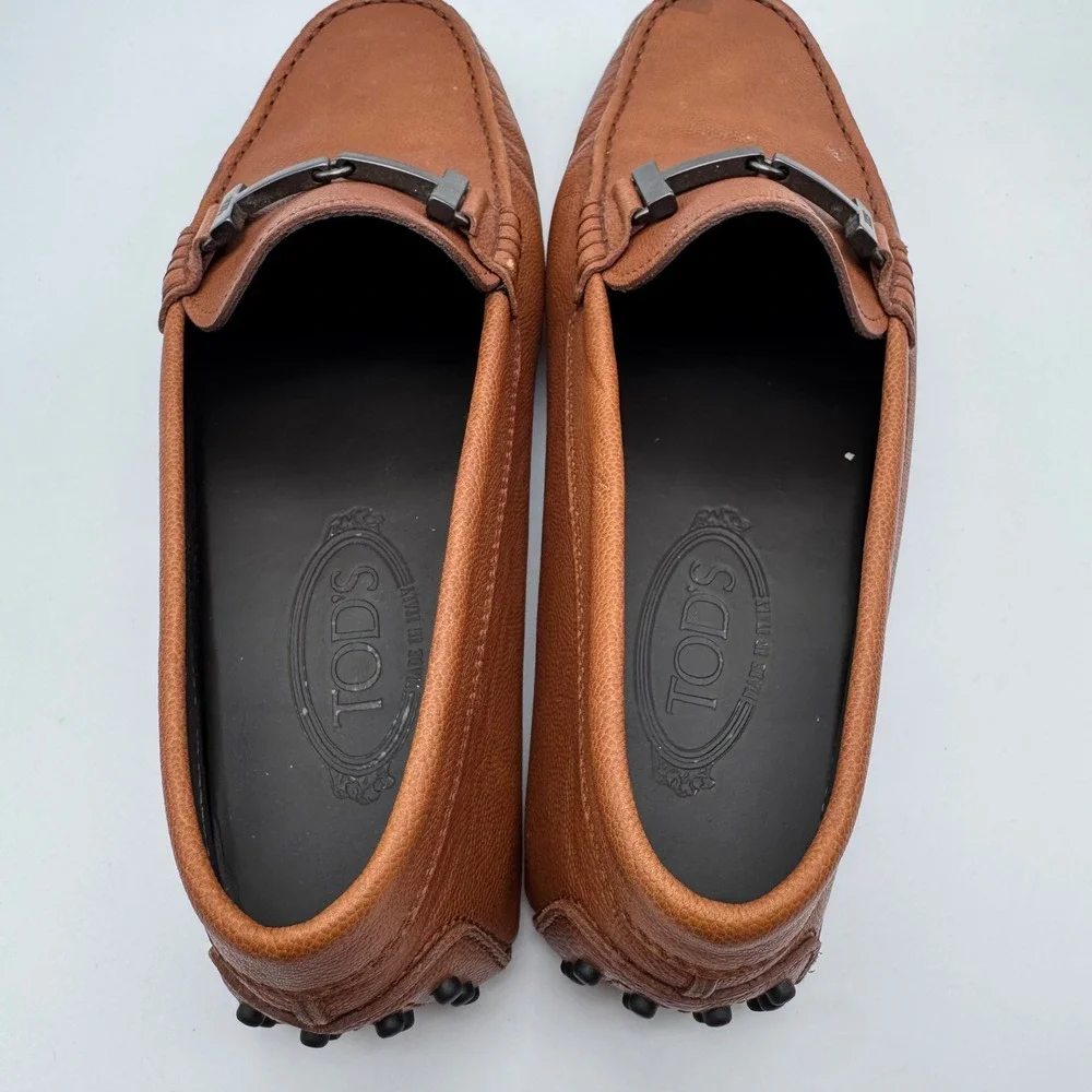 Tods Gommino Driving Loafers Men 8 Tan Brown Pebbled Leather T-Bar Made in Italy